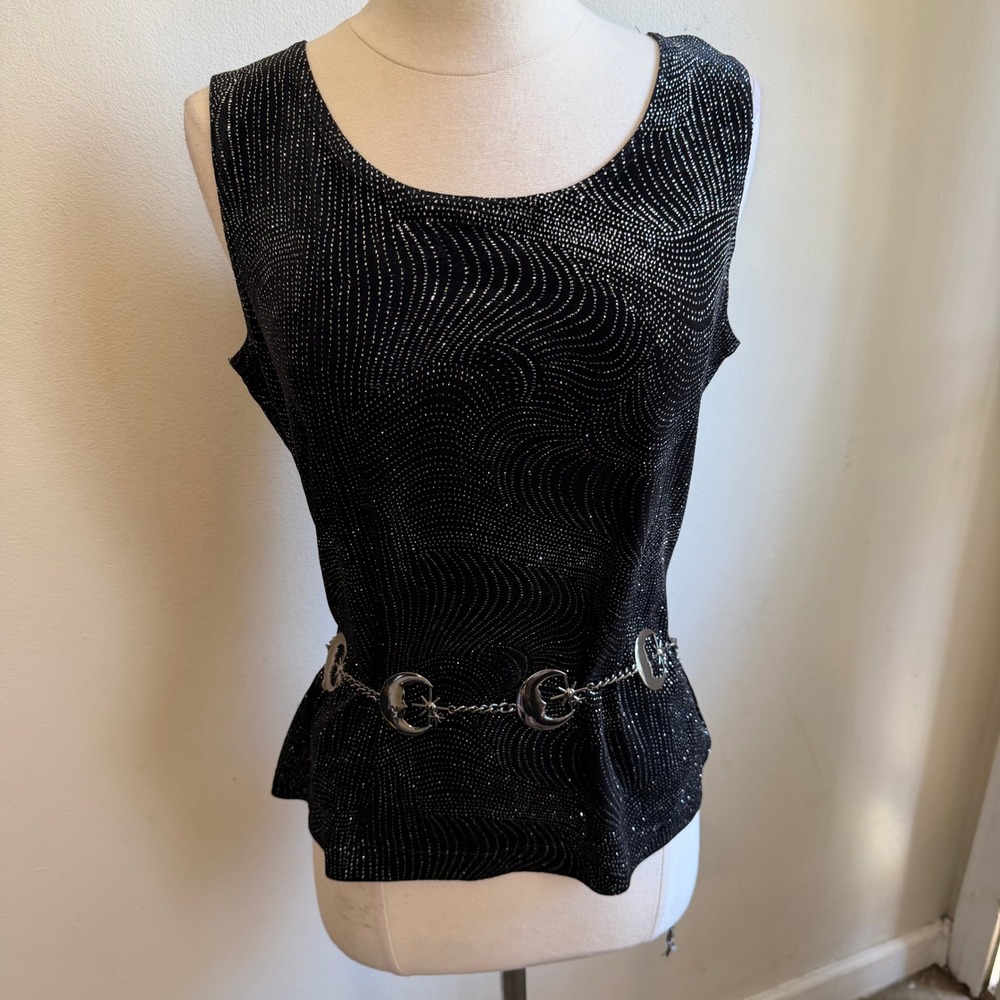 Sheri Martin‎ NY Black Silver Glitter Swirl Moon Chain Belt Top Womens 10